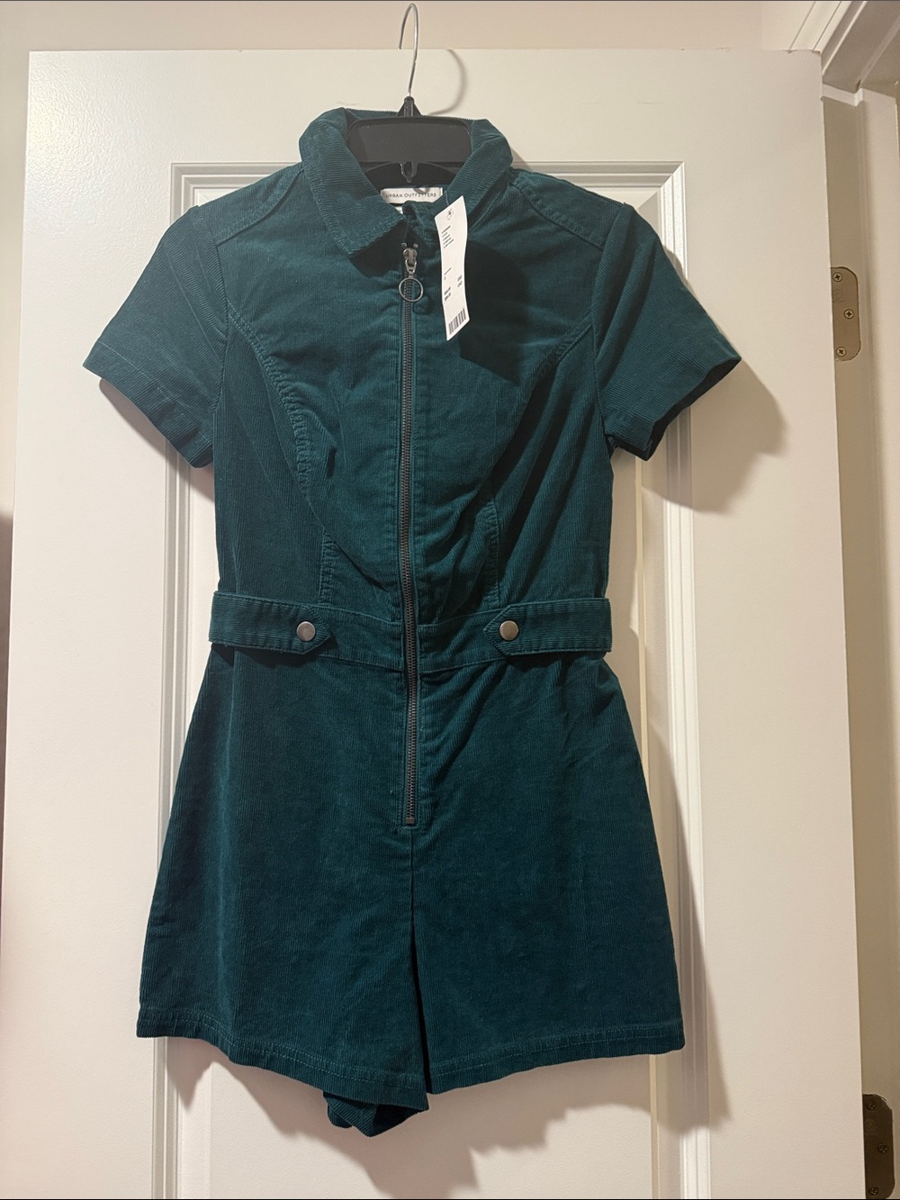Urban Outfitters Teal Short-Sleeve Corduroy Zip Romper